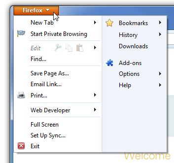 Firefox default view - menu options