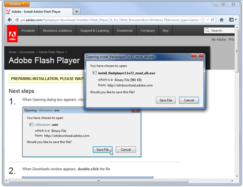Run or Save the installation file for Flash Player